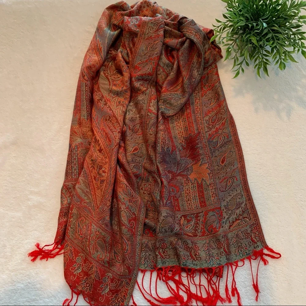 Striking red, blue & yellow accent pashmina. Butter soft. - Picture 1 of 2